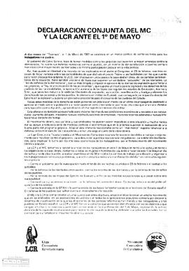 “Declaración conjunta del MC y la LCR ante el 1º de mayo”. Declaración de la LCR y el Moviment Comunista de Catalunya
