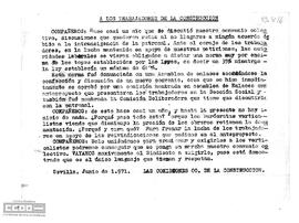 Comunicado de las Comisiones Obreras de la Construcción de Sevilla acerca de la necesidad de unidad ante la negociación de un nuevo convenio colectivo.
