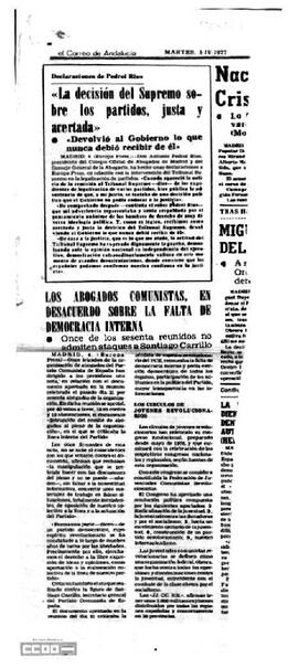 "Los abogados comunistas, en desacuerdo sobre la falta de democracia interna", artículo de El Correo de Andalucía de abril de 1977.