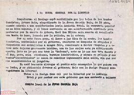 “A la huelga general por la libertad”. Llamamiento del Comité Local de [Zaragoza] de la Joven Guardia Roja a la participación como respuesta a los asesinatos de Arturo Ruiz, Mari Luz Nájera y los abogados laboralistas