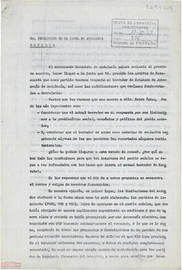 Escrito del Movimiento Comunista de Andalucía al Presidente de la Junta de Andalucía en el que se exponen los motivos de desacuerdos al borrador del Estatuto de Autonomía de Andalucí