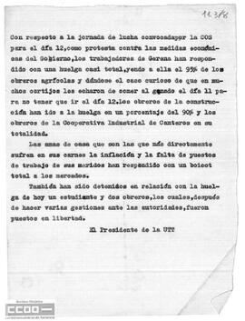 Informe del Presidente de la UTT sobre la incidencia de la jornada de huelga en Gerena