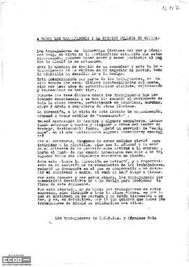 Comunicado de los trabajadores de Industrias Cárnicas del Sur y Cárnicas Roig a todos los trabajadores y a la opinión pública en general sobre la convocatoria de huelga.