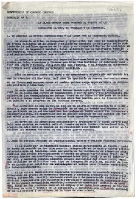 “La clase obrera debe ponerse al frente de la lucha por la paz, el trabajo y la libertad”. Ponencia nº 1.