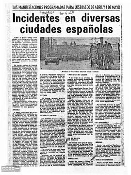 ”Incidentes en diversas ciudades españolas: las manifestaciones programadas para los días 30 de abril y 1 de mayo”. Recorte de prensa.