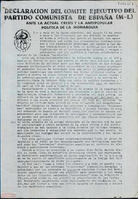 “Declaración del Comité Ejecutivo del Partido Comunista de España (marxista-leninista) ante la actual crisis y la antipopular política de la monarquía”. Documento reproducido por la Secretaría de Agitación y Propaganda del Comité de Andalucía