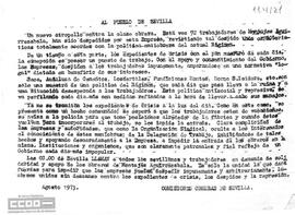 Llamamiento de las Comisiones Obreras de Sevilla en solidaridad con los obreros de Montaje Aguirrezabala.