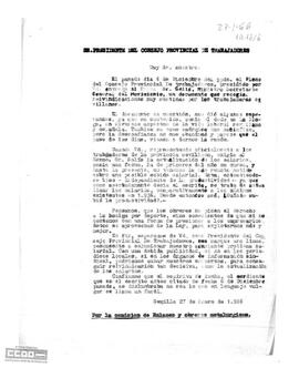 Escrito de la Comisión de Enlaces y obreros metalúrgicos de Sevilla al Presidente del Consejo Provincial de trabajadores reivindicando subidas salariales.