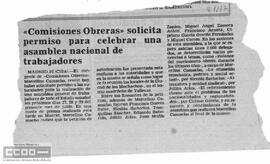 Comisiones Obreras solicita permiso para celebrar una asamblea nacional de trabajadores. Recorte de prensa.