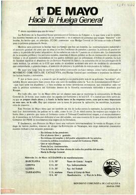 “1 de mayo. Hacia la huelga general”. Llamamiento del Moviment Comunista de Catalunya a la participación en las manifestaciones convocadas