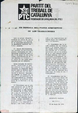 “En defensa del poder adquisitivo de los trabajadores”. Declaración  de la Secretaría Sindical del PTC a favor  de las jornadas de movilización. Documento en español y catalán.