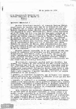 Carta del Secretario General y del Secretario de Organización del PCOE a la Organización Unitaria del Partido Comunista de España en México en la que muestran sus opiniones sobre el proceso de unificación del movimiento comunista español.