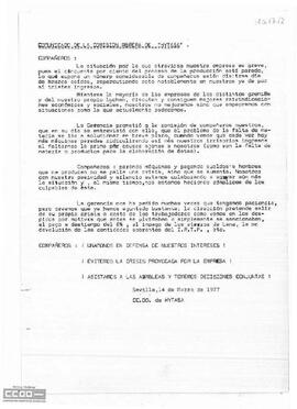 Comunicado de la Comisión Obrera de Hytasa sobre la situación de la empresa.