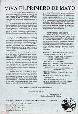 “Viva el primero de mayo”. Llamamiento del Comité Nacional del Moviment Comunista de Catalunya a la participación en las manifestaciones convocadas
