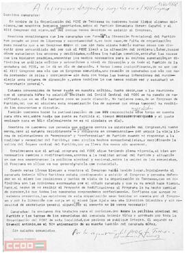 Carta de la Organización del  Partido Comunista Obrero de Cataluña (PCOC) de Terrasa a los órganos dirigentes del PCOE  en la que opina sobre el XIII Congreso.
