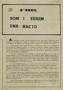 “23 d’abril som y serem una nació”. Llamamiento del Moviment de Joventuts Comunistes de Catalunya por la libertad, la amnistía y el estatuto de autonomía
