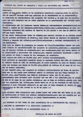 Circular del Comité de Andalucía de la Organización Comunista de España (Bandera Roja) sobre la realización de una campaña para sufragar los gastos de viaje de los delegados al III Congreso