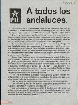 “A todos los andaluces”. Llamamiento del Comité Regional de Andalucía del PTE a las movilizaciones por el establecimiento de unos organismos preautonómicos.