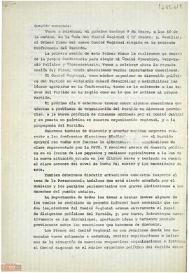 Comunicado de Isidoro Moreno, Secretario General de Andalucía, sobre la próxima reunión del I Pleno del Comité Regional del PTA celebrado el 8 de enero de 1978.