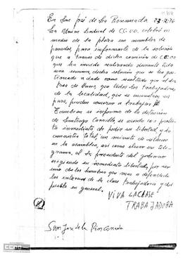 Comunicado sobre la celebración de una asamblea de parados en San José de la Rinconada convocada por la Unión Sindical de Comisiones Obreras.
