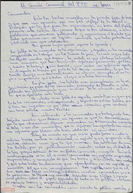 Carta de Francisco Caviedes Real al Comité Comarcal de Jerez del PTE sobre la situación del partido en Jerez.