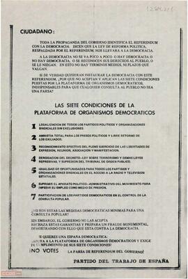 Llamamiento del PTE a los ciudadanos para que apoyen a la Plataforma de Organismos Democráticos y no voten en la farsa del referéndum del Gobierno.