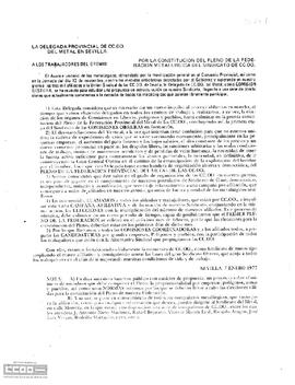 Comunicado de la Delegada Provincial de Comisiones Obreras del Metal en Sevilla sobre la constitución del pleno de la Federación Metalúrgica del Sindicato de Comisiones Obreras.