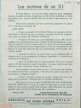 “Los motivos de un Sí”. Llamamiento del Comité Provincial de Jaén del Partido de los Trabajadores de Andalucía a la participación en el referéndum.