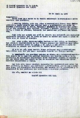 Copia de la carta del Comité Ejecutivo del Movimiento Comunista (MCE) a los comités ejecutivos de la Organización Revolucionaria de Trabajadores (ORT) y del PTE en la que comunica la decisión de suspender las conversaciones entre los tres  partidos
