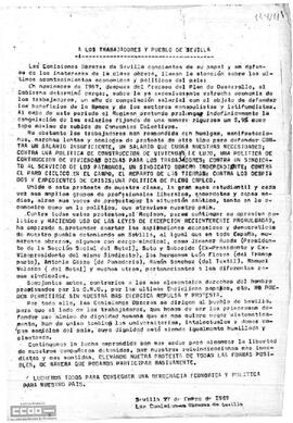Llamamiento de las Comisiones Obreras de Sevilla para continuar la lucha reivindicativa.