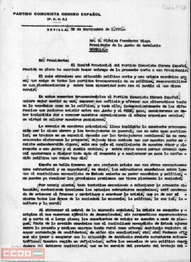 Copia de la carta del Comité Provincial de Sevilla del PCOE al Presidente de la Junta de Andalucía en la que se exponen las medidas políticas y económicas ante la situación del país.