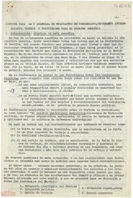Informe-Balance del Comité de Torreblanca  de la [OCE (Bandera Roja)] sobre la situación del partido en Torreblanca. Presentado en la I Asamblea de militantes