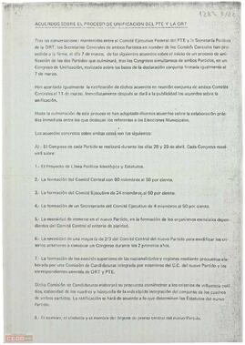 Acuerdos sobre el proceso de unificación del PTE y la ORT.