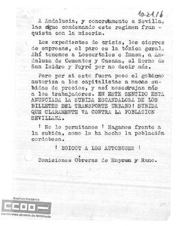 “¡Boicot a los autobuses!”. Octavilla de las Comisiones Obreras de Empresas y Ramos.