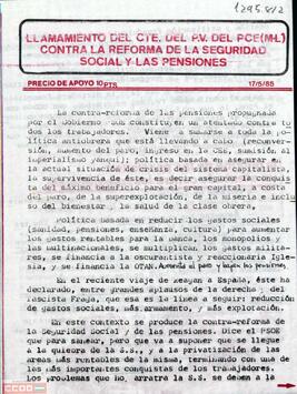 “Llamamiento del CTE del PV del PCE (M-L) contra la reforma de la seguridad social y las pensiones”. Comité del País Valenciano del Partido Comunista de España (marxista-leninista)
