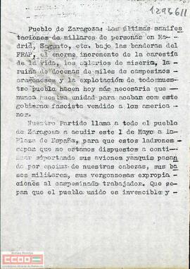 “Pueblo de Zaragoza: las últimas manifestaciones… “. Octavilla del Comité Regional de Aragón del Partido Comunista de España (marxista-leninista)