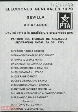 Papeleta de voto de la candidatura presentada por el PTA al Congreso por Sevilla.