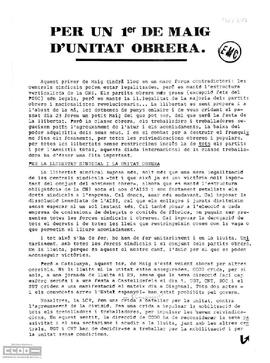 “Per un 1º de maig d’unitat obrera”. Llamamiento del Secretariat del Comité Nacional de Catalunya de la LCR a la participación en la manifestación