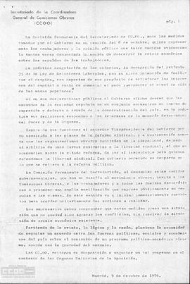 Comunicado del la Comisión Permanente del Secretariado ante las medidas tomadas por el Gobierno
