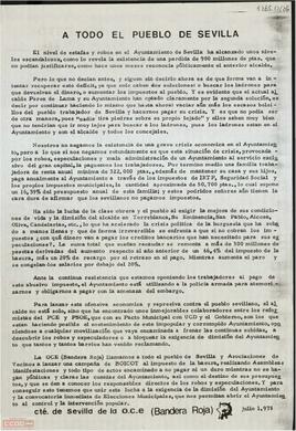 Llamamiento del Comité Provincial de Sevilla de la OCE (Bandera Roja) a la realización de una campaña de boicot al impuesto de basura. El reverso del documento es una historieta