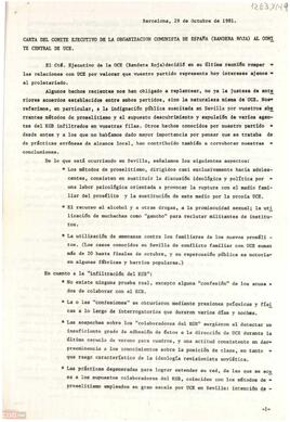 Carta del Comité Ejecutivo de la Organización Comunista de España (Bandera Roja) al Comité Central de UCE