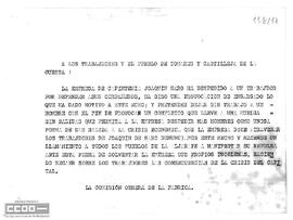 Llamamiento de la Comisión Obrera de Fábrica a todos los pueblos del Aljarafe para manifestar su repulsa por el despido de un trabajador en la empresa de carpintería Joaquín Haro.