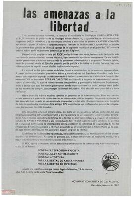 “Las amenazas a la libertad”. Llamamiento del Moviment Comunista de Catalunya de apoyo a la manifestación convocada por los estudiantes