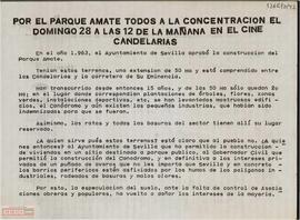 “Por el parque Amate todos a la concentración el domingo 28 a las 12 de la mañana en el cine Candelarias”. Llamamiento del [Comité Provincial de Sevilla] de la OCE (Bandera Roja) a la participación en la concentración para exigir la construcción del parque Amate