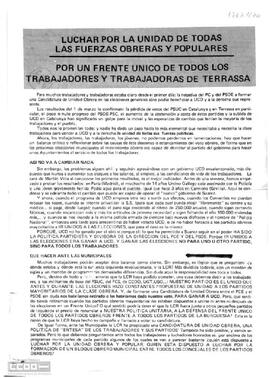 “Luchar por la unidad de todas las fuerzas obreras y populares. Por un frente único de todos los trabajadores y trabajadoras de Terrassa”. Llamamiento del Comité Local de Terrassa de la LCR al apoyo de su candidatura.