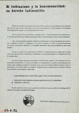 “El lesbianismo y la homosexualidad: un derecho indiscutible”. Llamamiento del Moviment Comunista de Catalunya para acudir a la manifestación del día 27