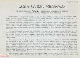 “Jesús García asesinado: un militante del MCE asesinado por la policía en San Sebastián”. Declaración del  Comité Provincial de Zaragoza del Movimiento Comunista de España