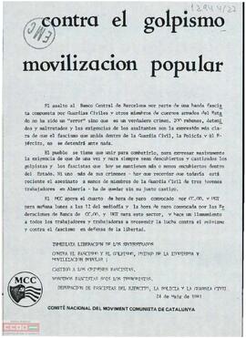 “Contra el golpismo movilización popular”. Llamamiento del Comitè Nacional del Moviment Comunista de Catalunya de apoyo al paro convocado por CC.OO. y UGT