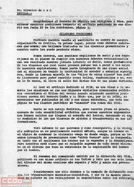 Carta del Comité Provincial de Sevilla del PCOE al director de ABC de Sevilla en la que aclara la posición del Comité respecto a un artículo publicado en ese diario.