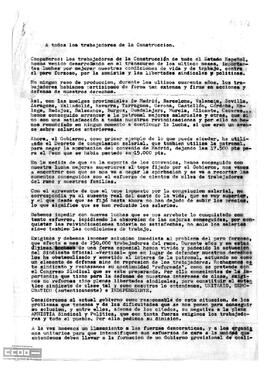 Llamamiento de las Comisiones Obreras de la Construcción a la preparación de la huelga de los días 28, 29 y 30 de abril.